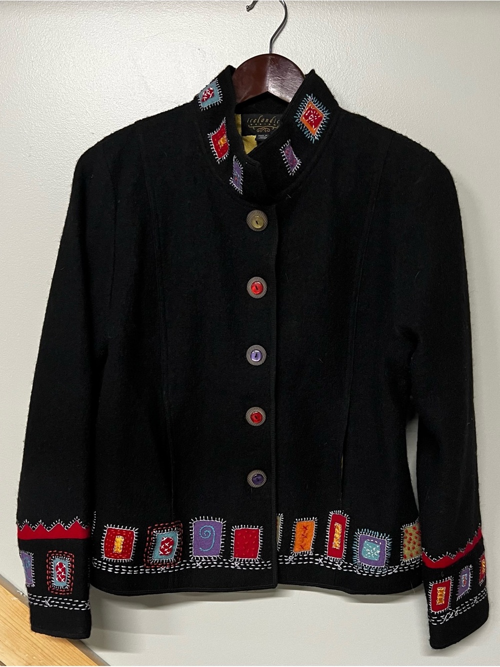 Black Embroidered Wool-Blend Jacket with Multicolor Patchwork